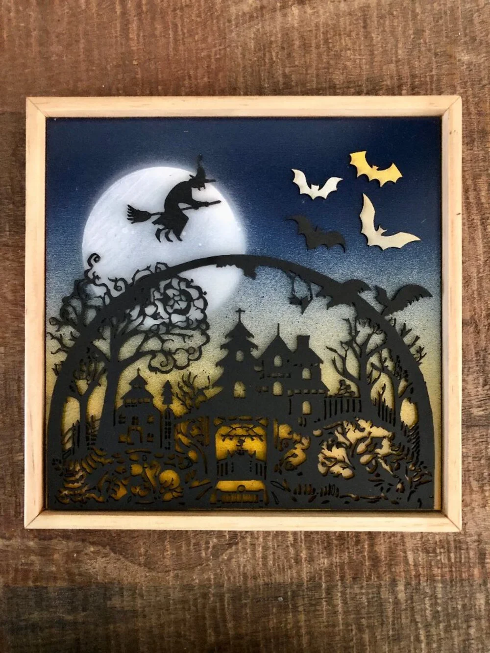 Halloween Hanging Wall Art, Haunted House, Flying Witch, Bats, Handmade